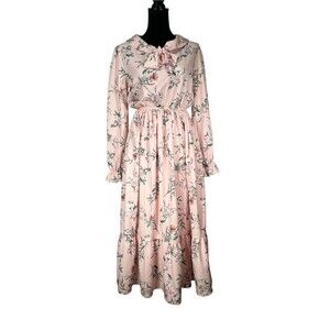 Pink Floral Tie-Front Dress Long-Sleeve Midi Ruffle Cottagecore Modest Coquette